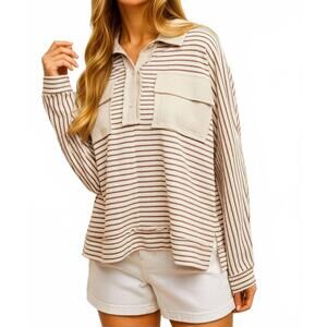 NEW KNIT & LOUNGE striped long sleeve waffle knit pullover top in beige